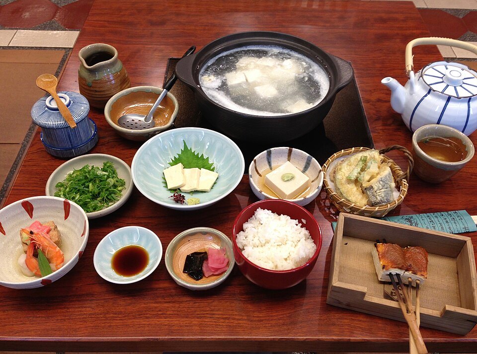 Yudōfu — tofu simmered in plain hot water at the table, eaten with almost nothing.