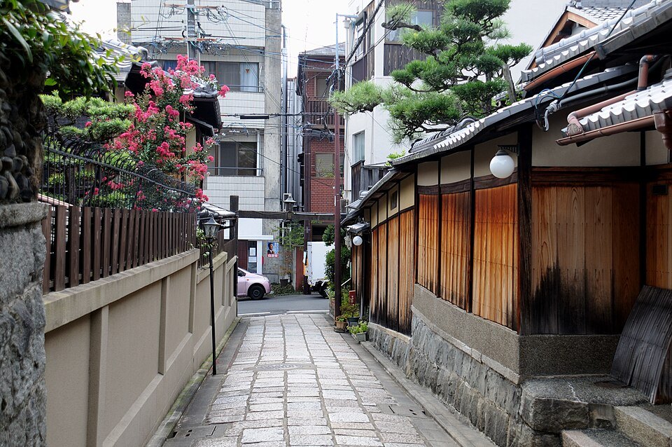 GIO - Traditional wooden houses along a stone-paved street in Gion, Kyoto, Japan, 2015