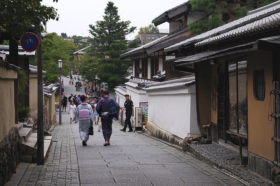 GIO - Traditional street with pedestrians in Gion, Kyoto, Japan, 2015